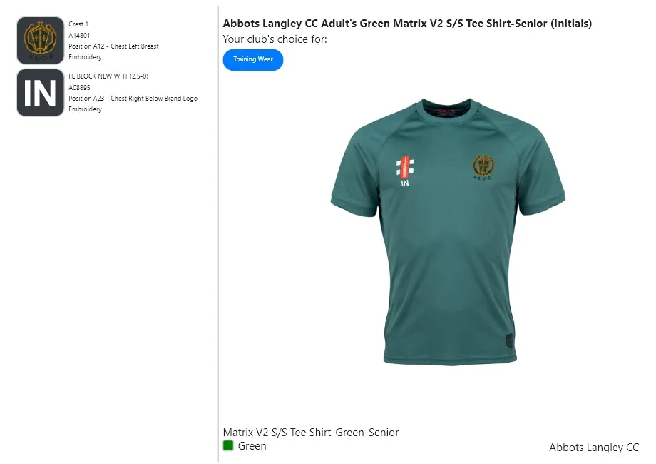 Abbots Langley CC  Adult's Green Matrix V2 S/S Tee Shirt-Senior (Initials)