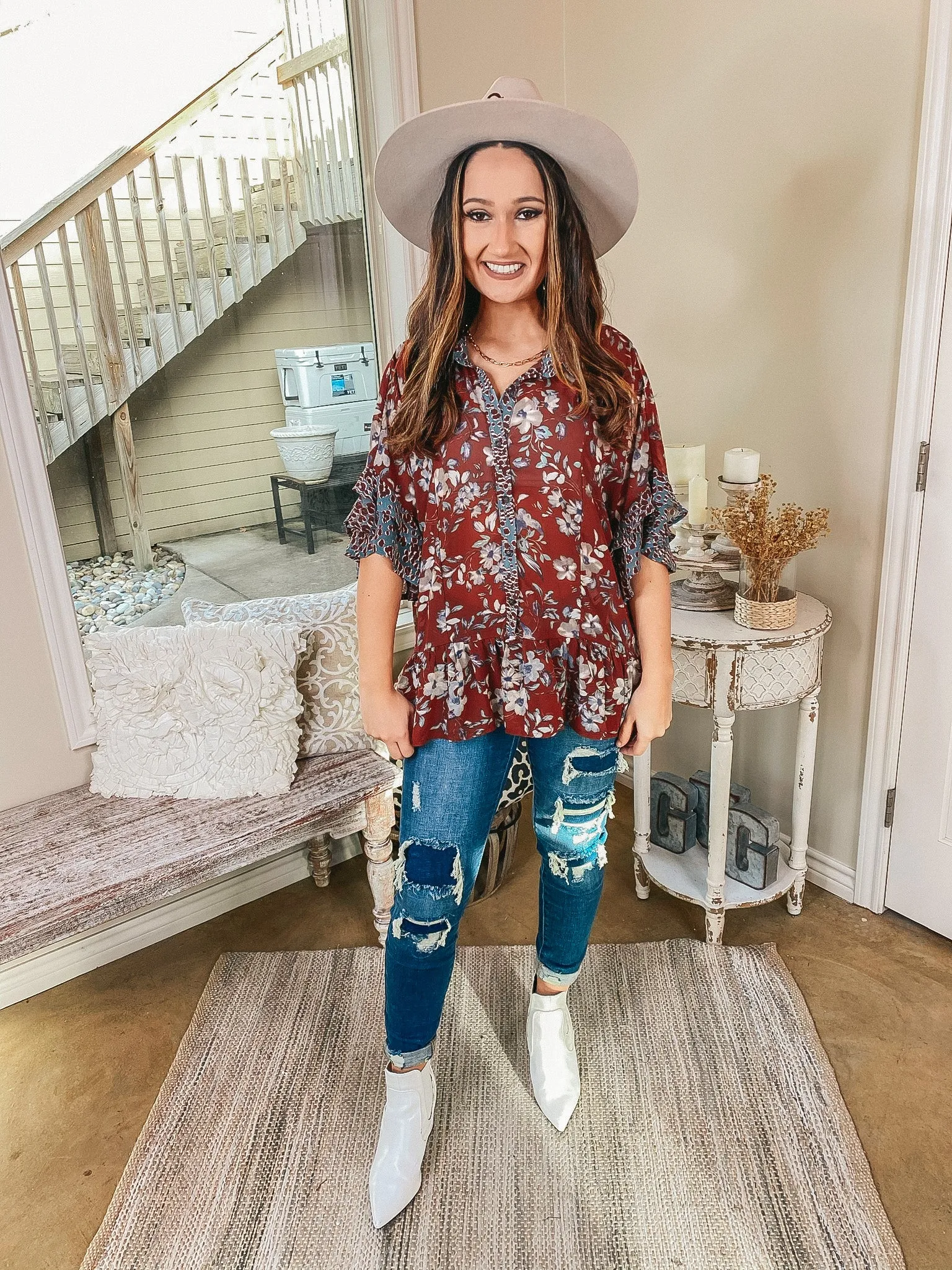 All I Ever Wanted Mixed Print Button Up Peplum Top with Ruffle Sleeves in Brick Red