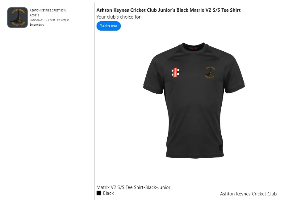 Ashton Keynes Cricket Club Junior's Black Matrix V2 S/S Tee Shirt