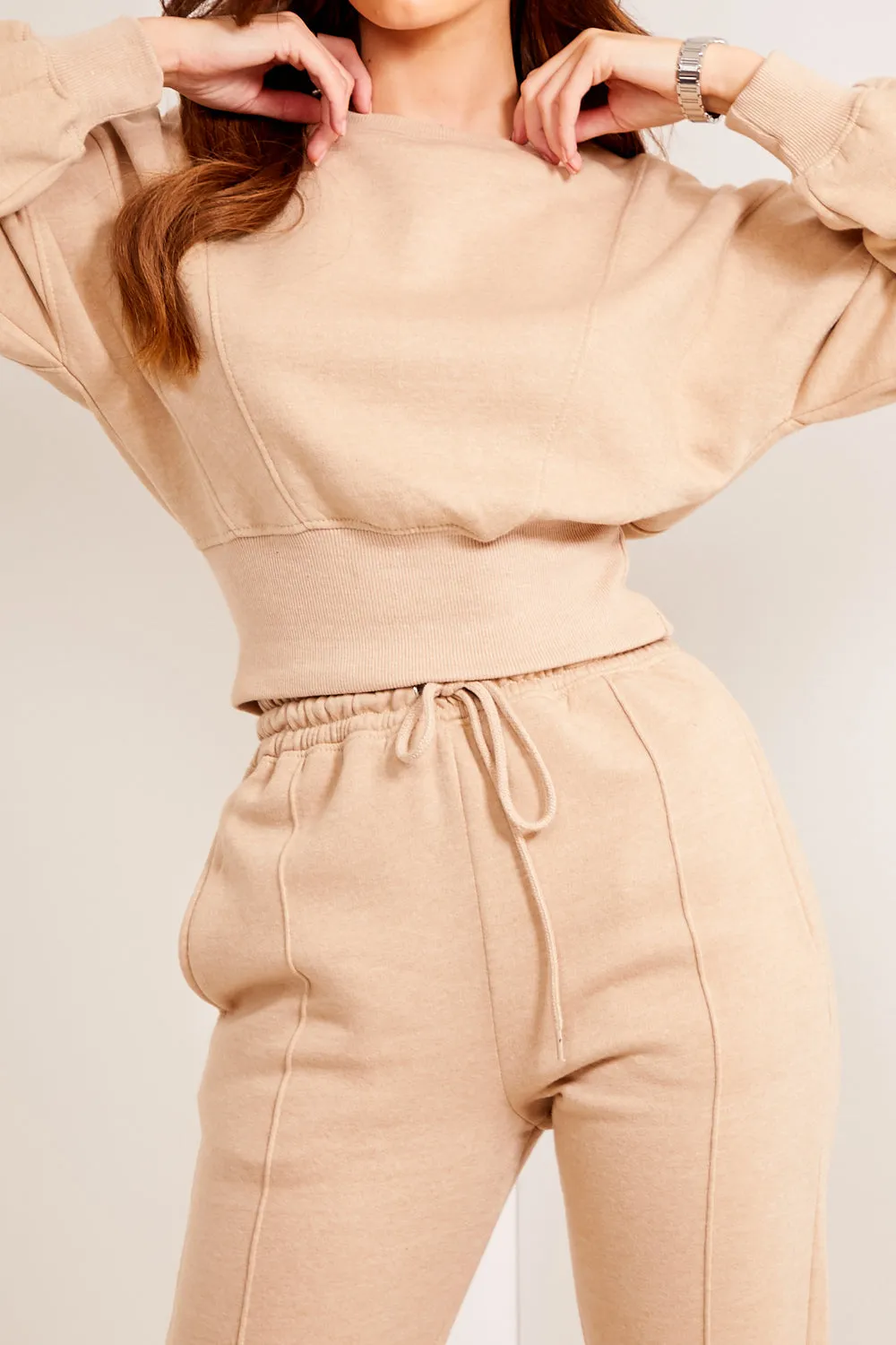 Beige Cropped Jumper and Joggers Tracksuit Set