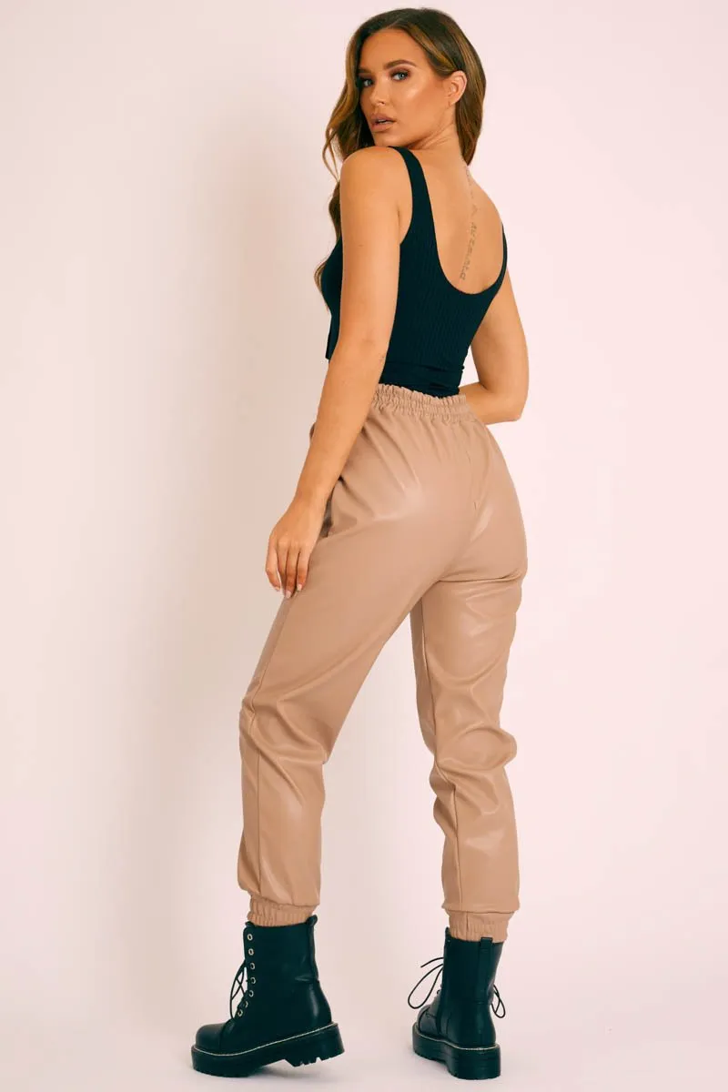 Beige Faux Leather Drawstring Waist Joggers - Persia