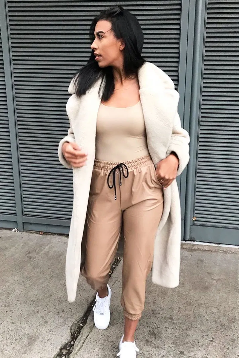 Beige Faux Leather Drawstring Waist Joggers - Persia