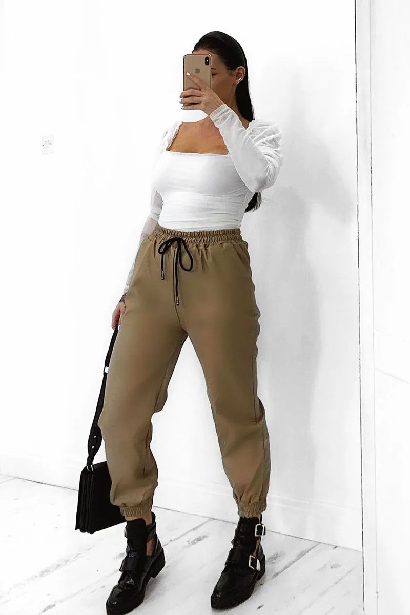 Beige Faux Leather Drawstring Waist Joggers - Persia