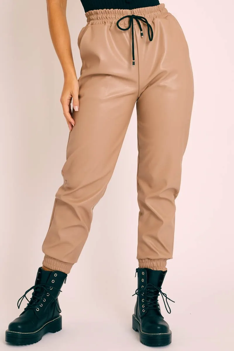 Beige Faux Leather Drawstring Waist Joggers - Persia