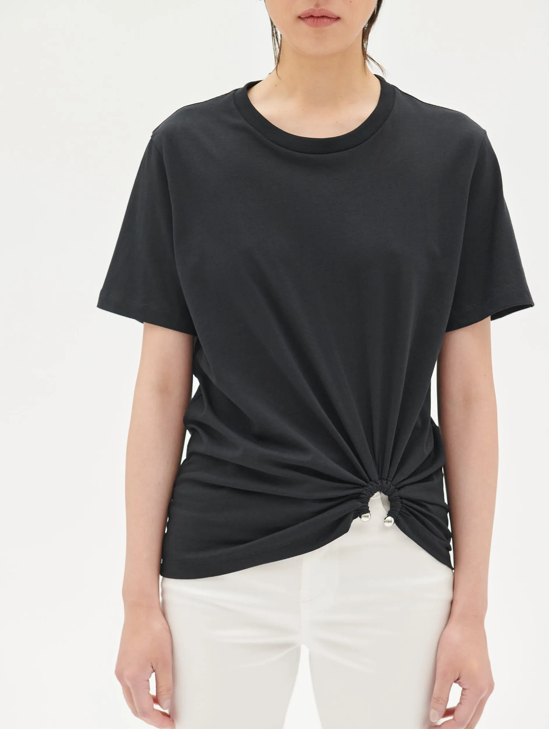 Black cotton jersey T-shirt with jewel detail