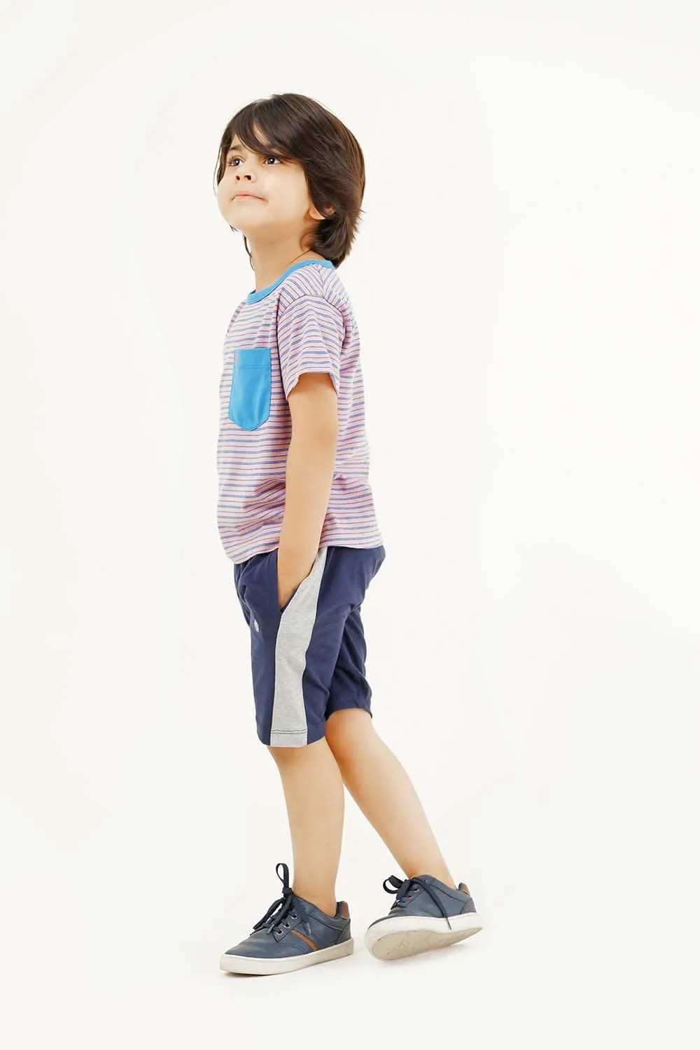 Boy's Short Sleeves Yarn Dyed Pocket Crew