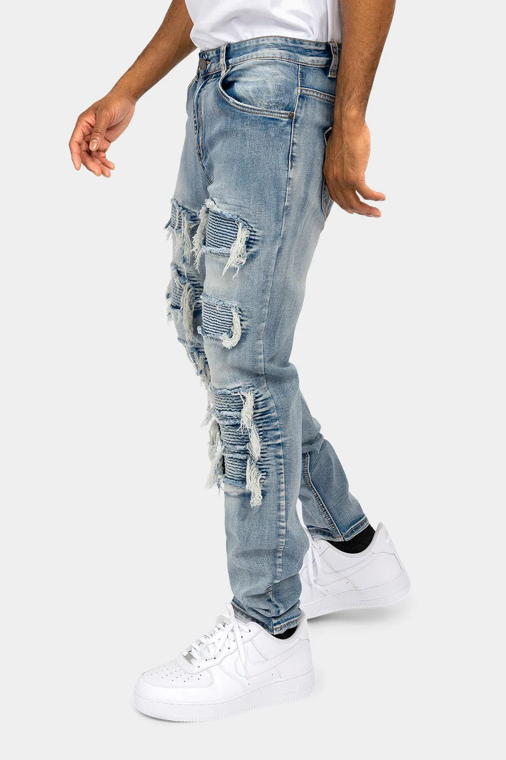 Distressed Ripped Moto Biker Denim Jeans