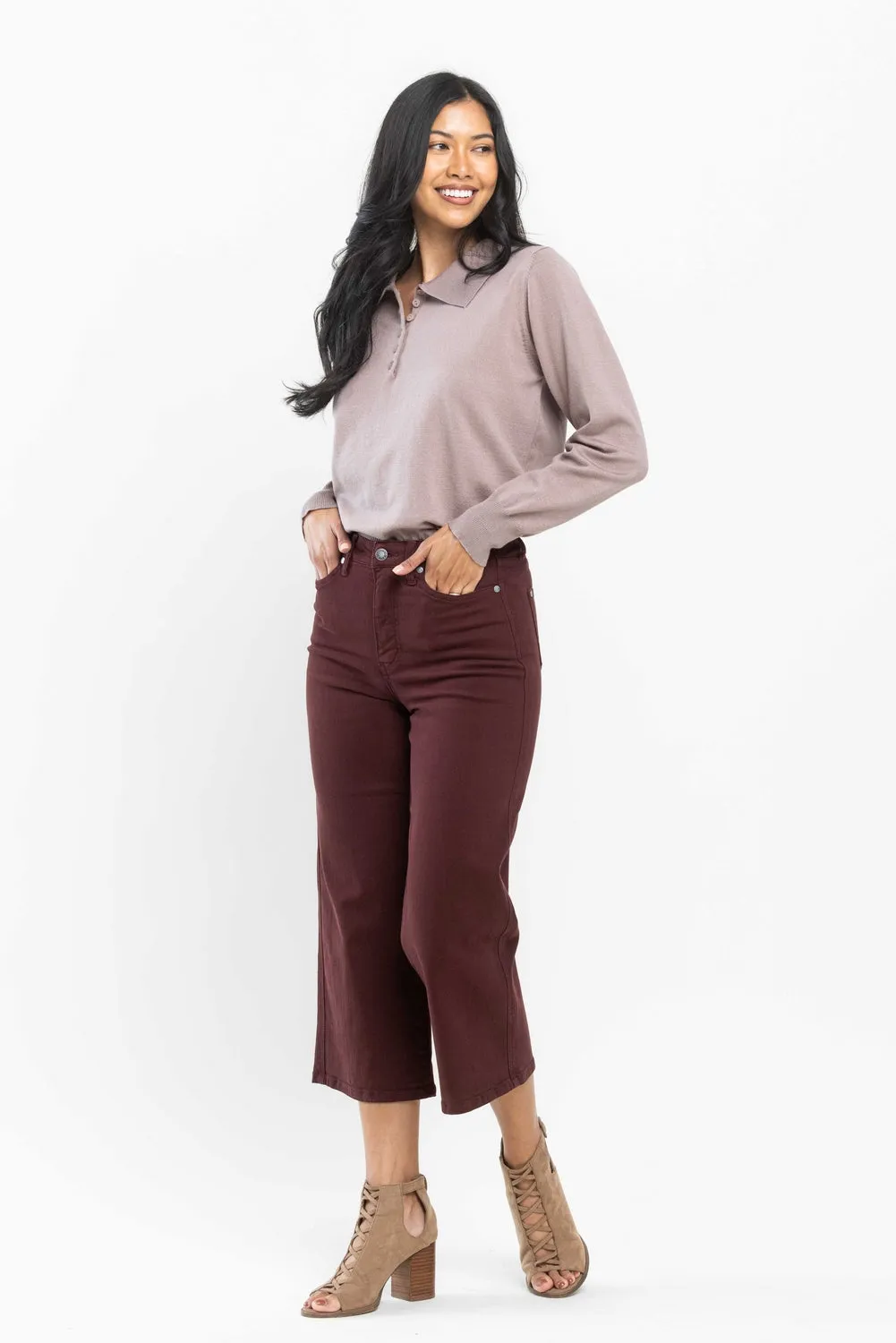 Eva High Rise Tummy Control Burgundy Wide Leg Jeans