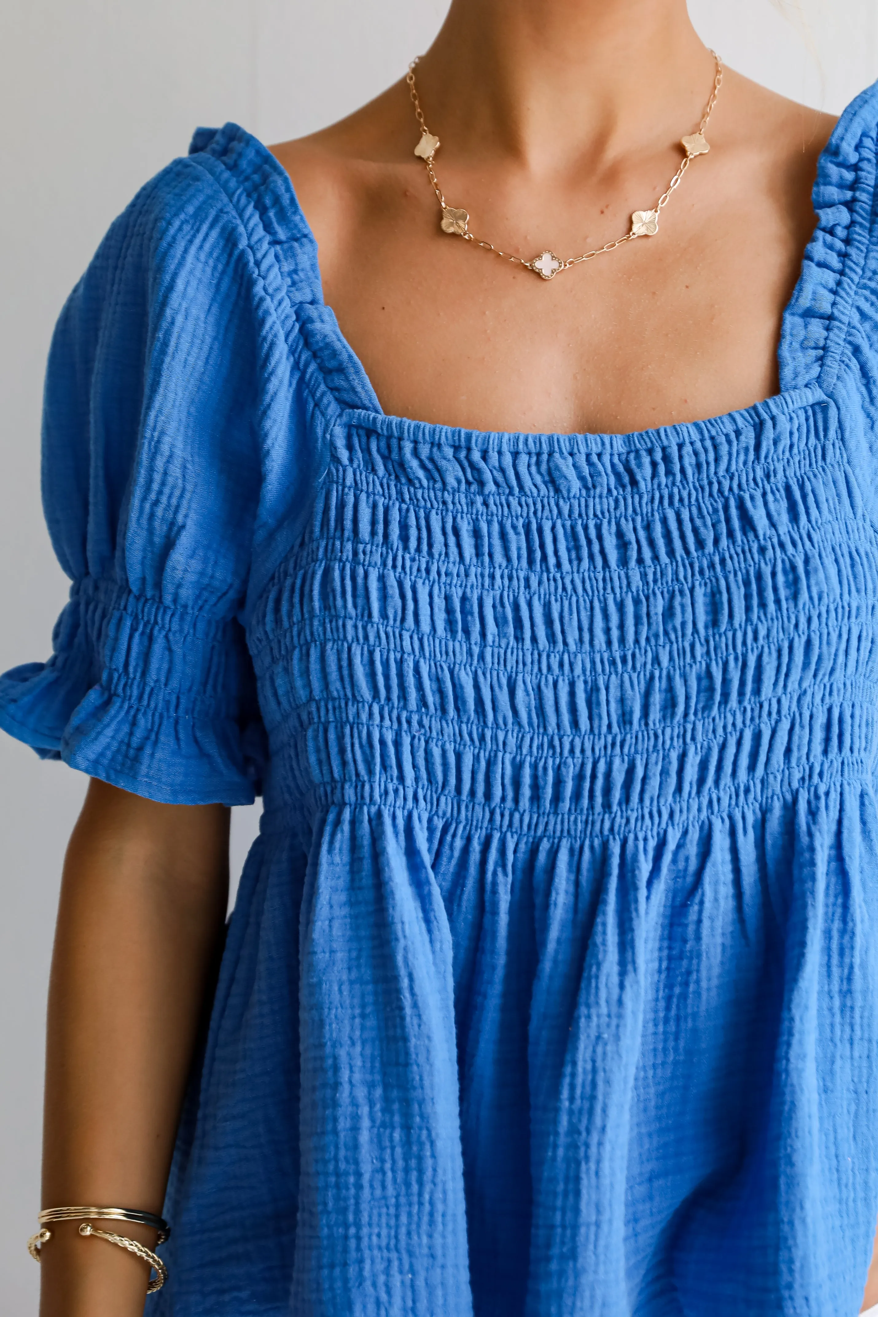 FINAL SALE - Adorable Sentiments Blue Smocked Linen Blouse