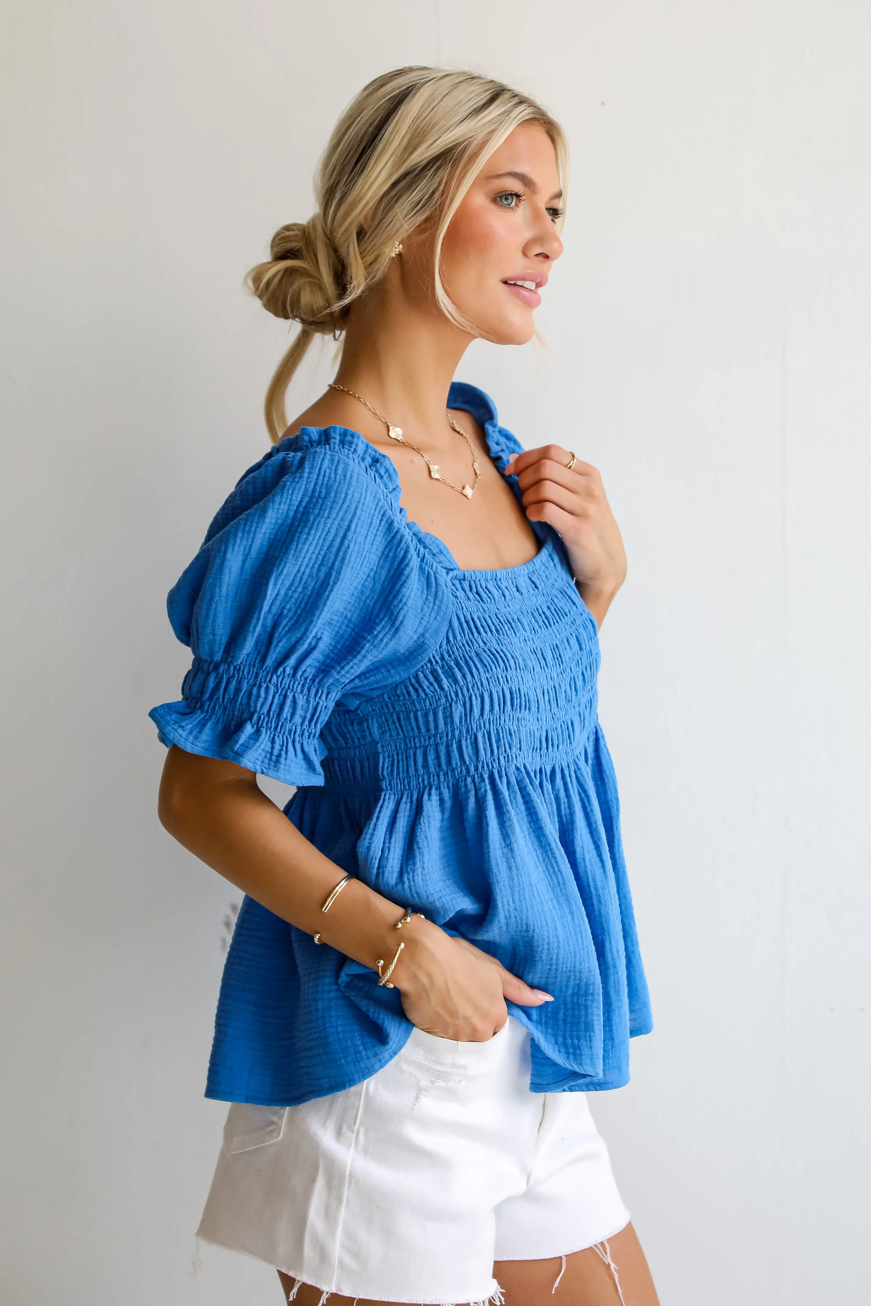 FINAL SALE - Adorable Sentiments Blue Smocked Linen Blouse