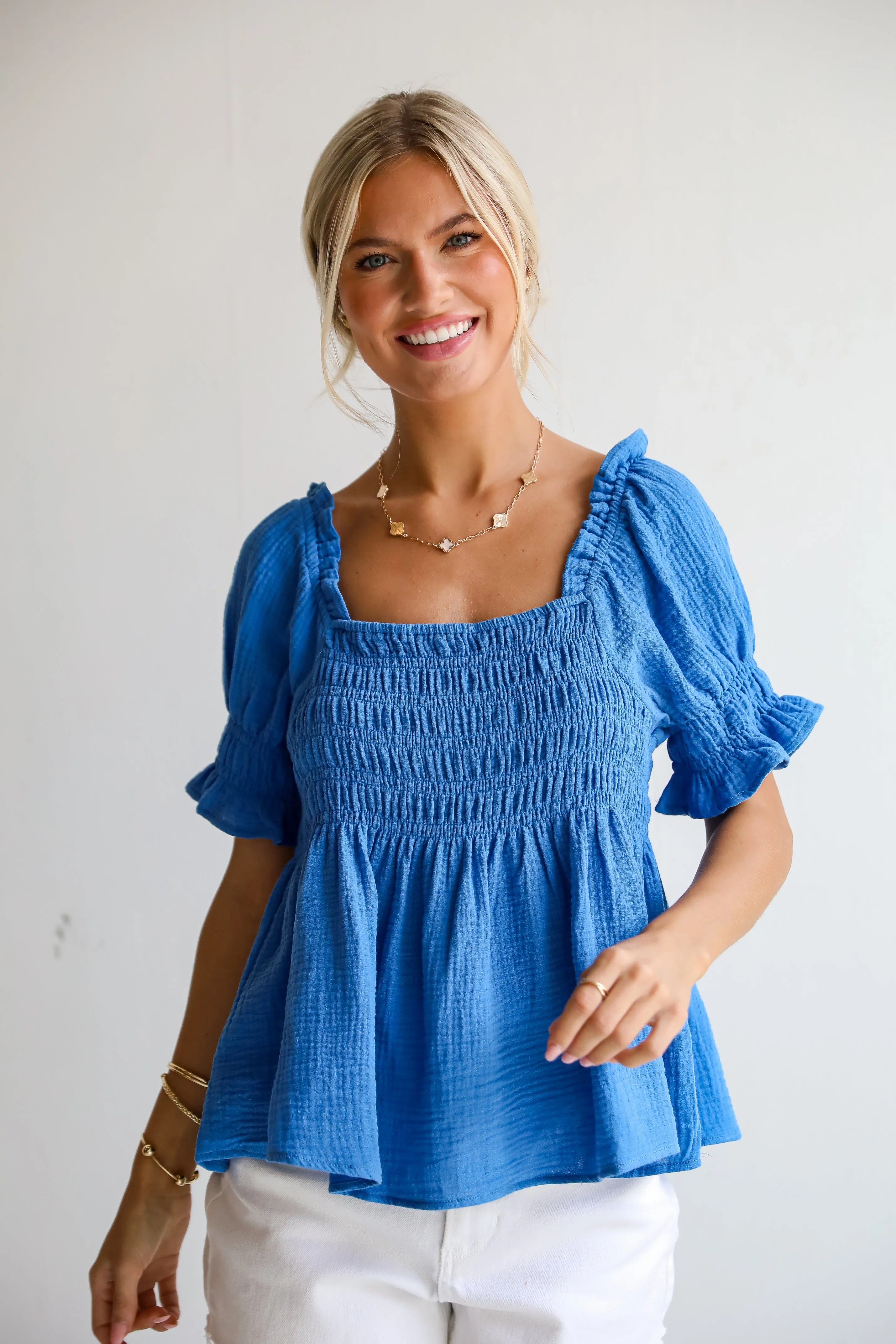 FINAL SALE - Adorable Sentiments Blue Smocked Linen Blouse