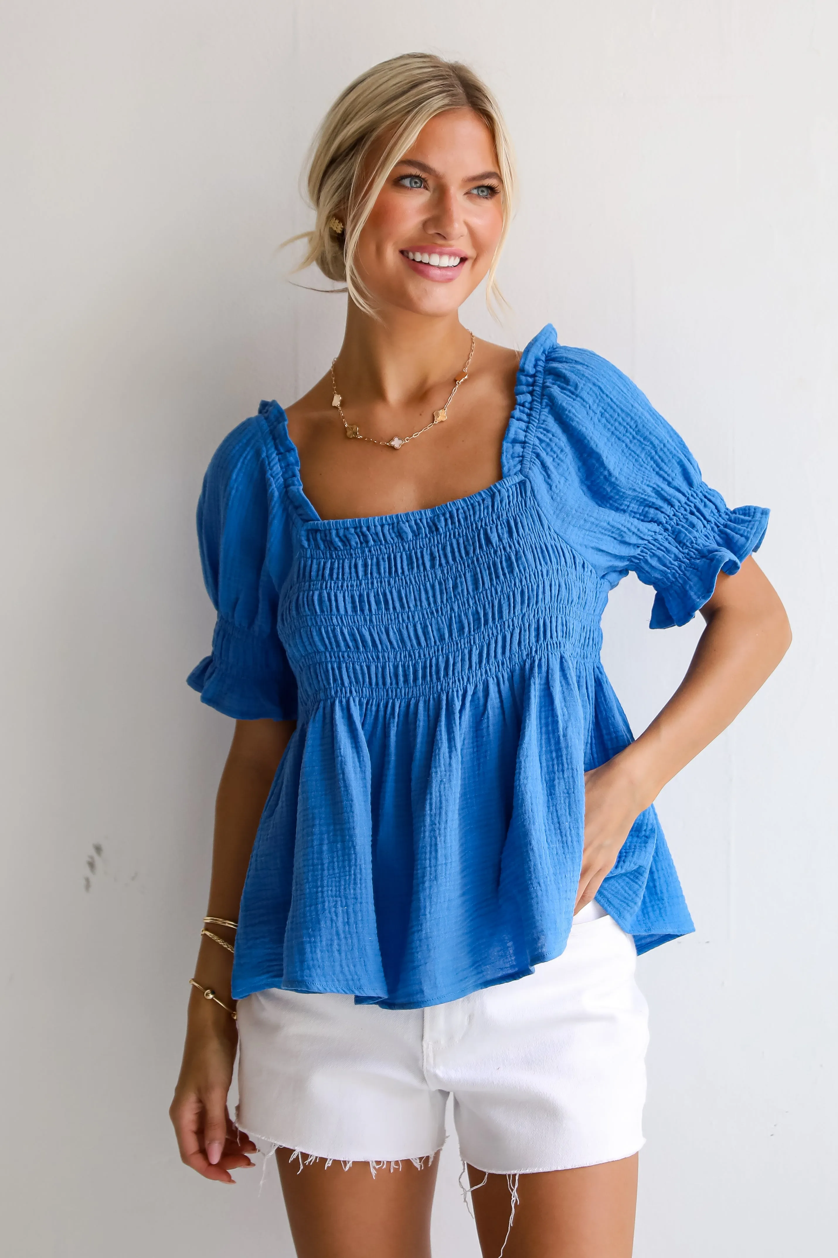 FINAL SALE - Adorable Sentiments Blue Smocked Linen Blouse