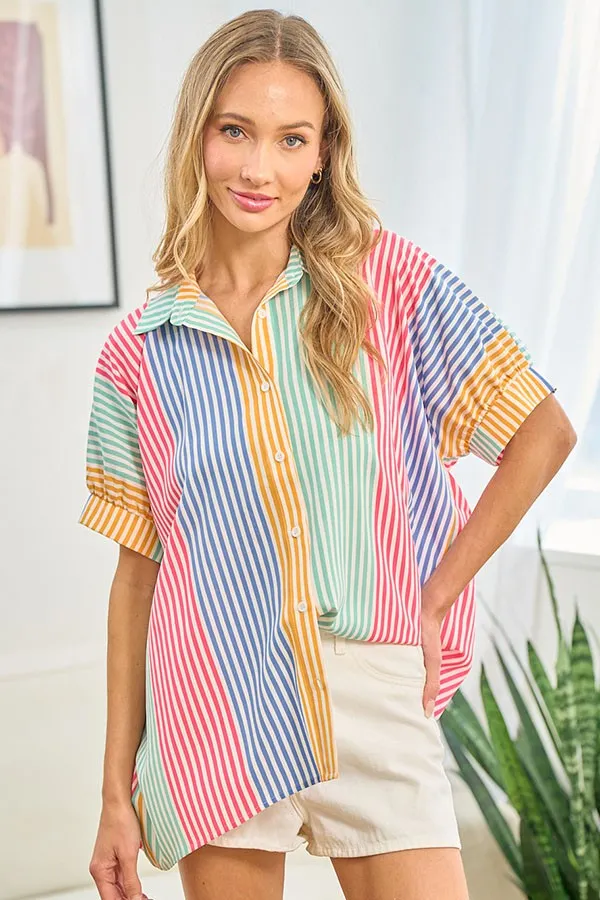 First Love Full Size Striped Button Down Short Sleeve Shirt - Online Exclusive