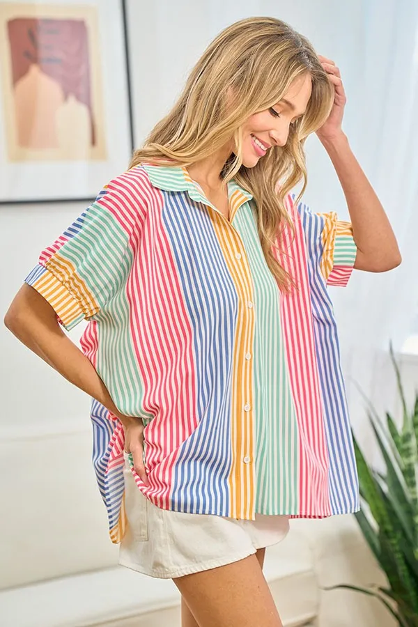 First Love Full Size Striped Button Down Short Sleeve Shirt - Online Exclusive