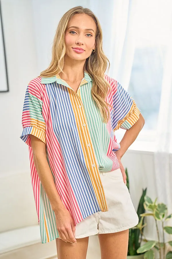 First Love Full Size Striped Button Down Short Sleeve Shirt - Online Exclusive