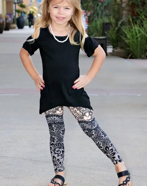 Girls Paisley Lace Leggings, Kids Yoga Pants, Sizes S/L, No-Roll Waist, Beige/Black