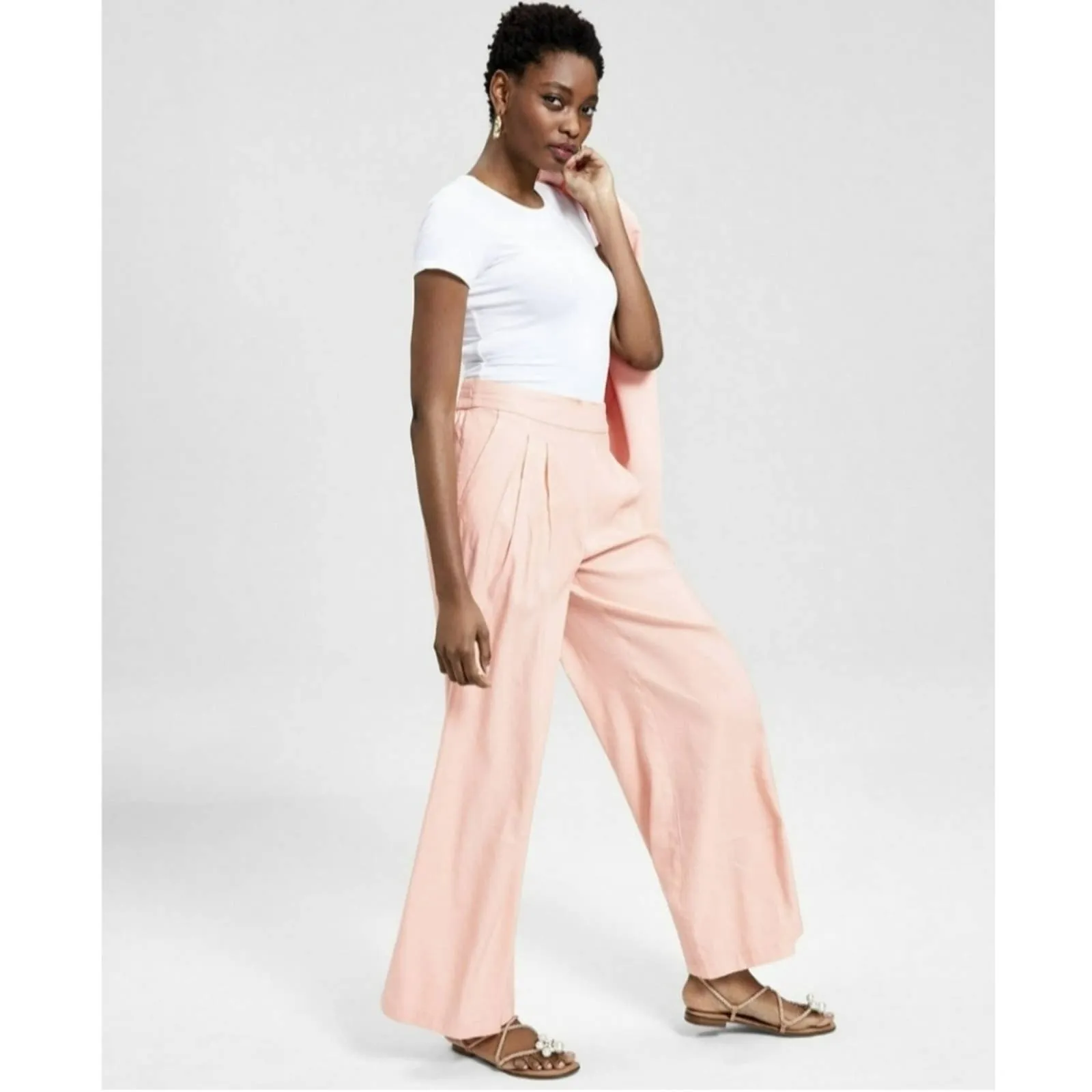 INC Linen Pull-On Wide-Leg Pants First Blush