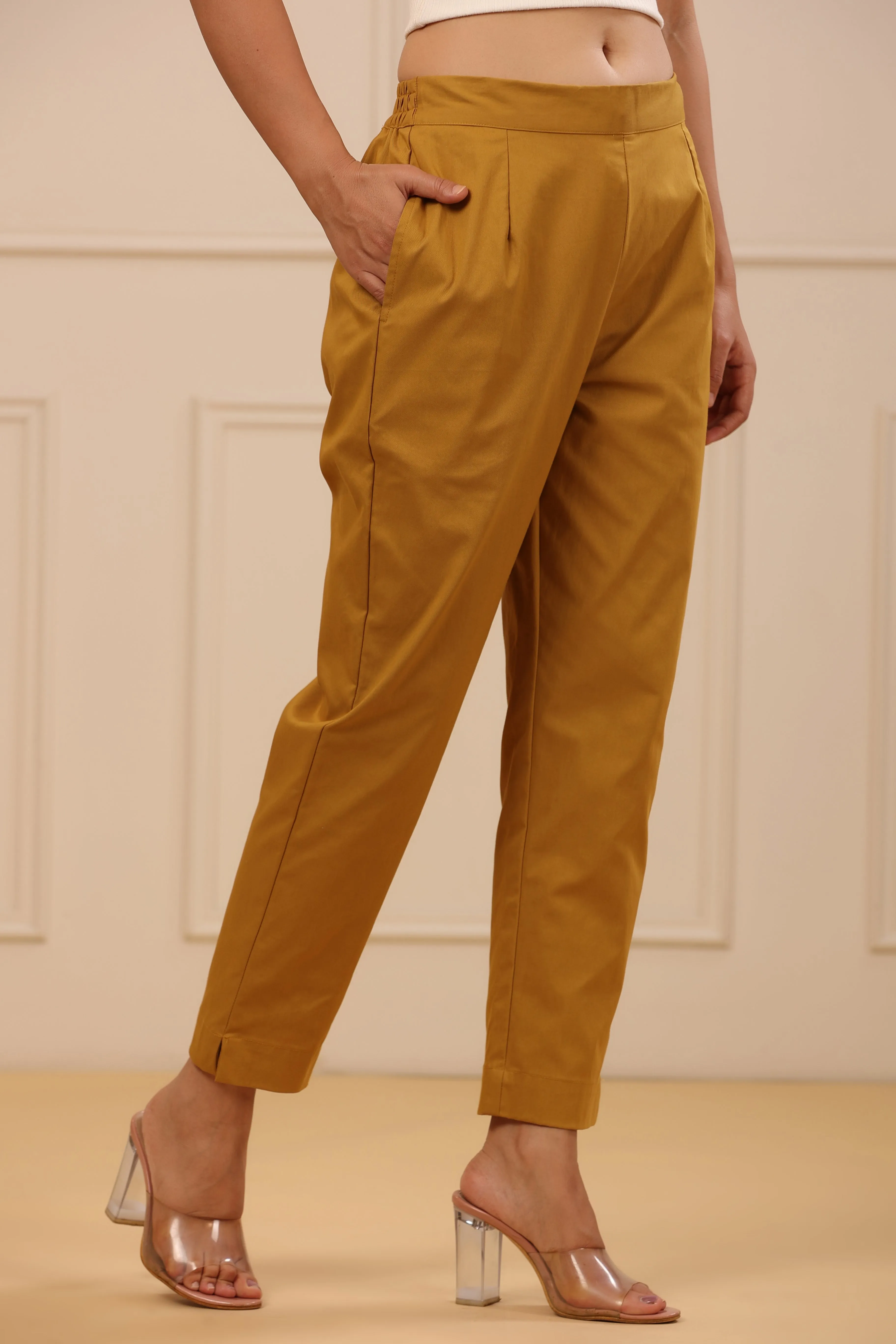 Juniper Mustard Spendex Solid Slim Fit Pants With Partially Elasticated Waistband