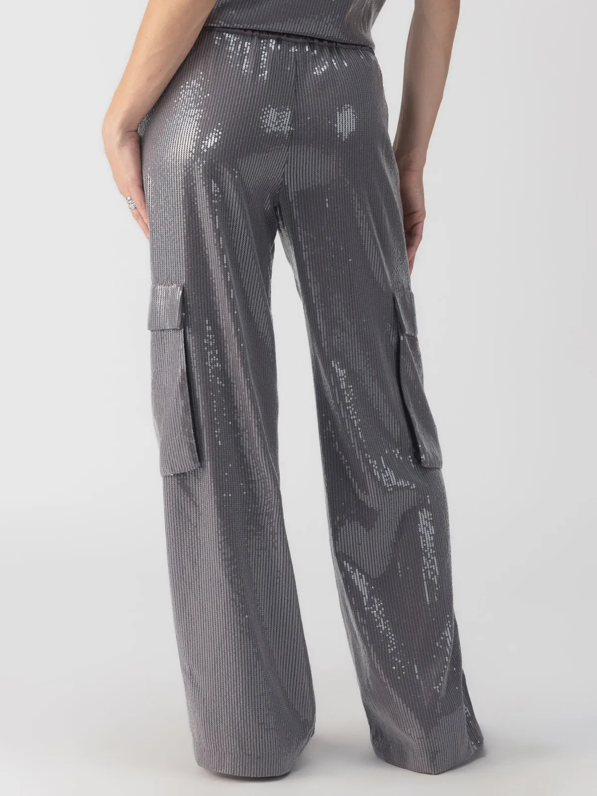 Pull-On Sequin Semi High Rise Cargo Pant Gunmetal