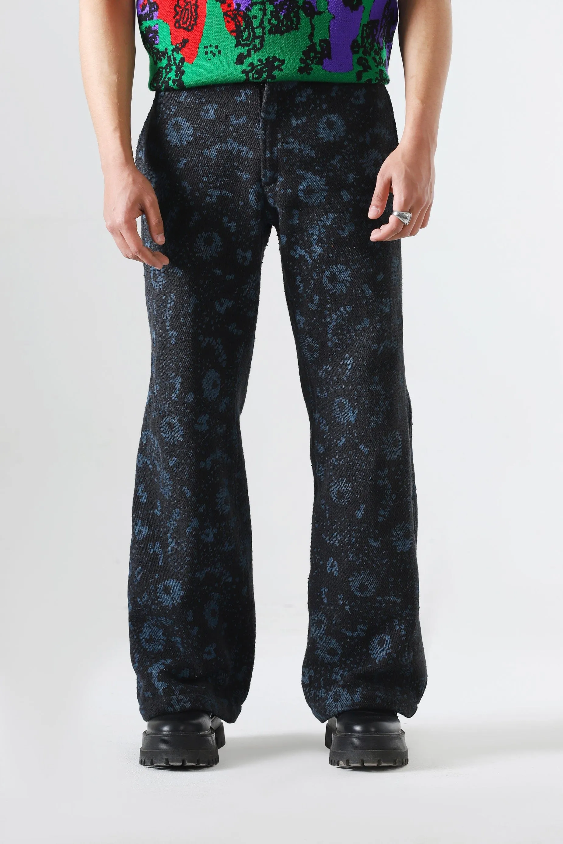 "FOREST" BLOCK PRINT DENIM TROUSERS