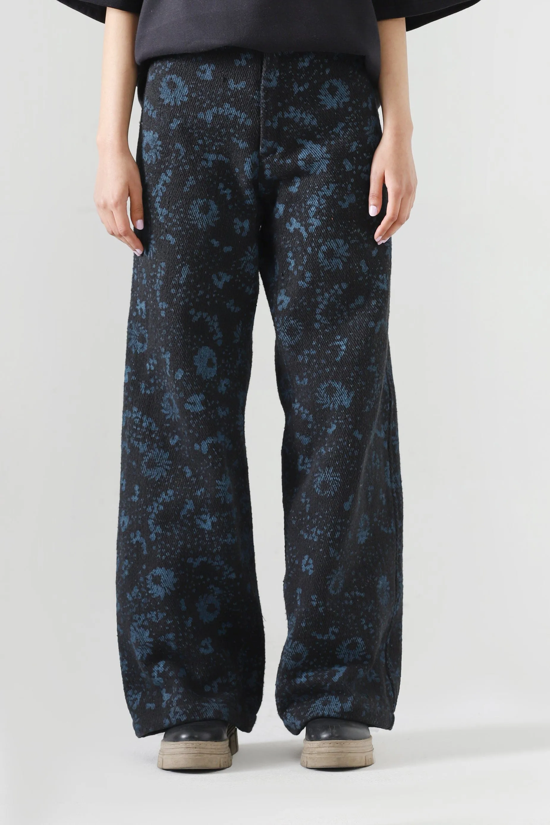 "FOREST" BLOCK PRINT DENIM TROUSERS