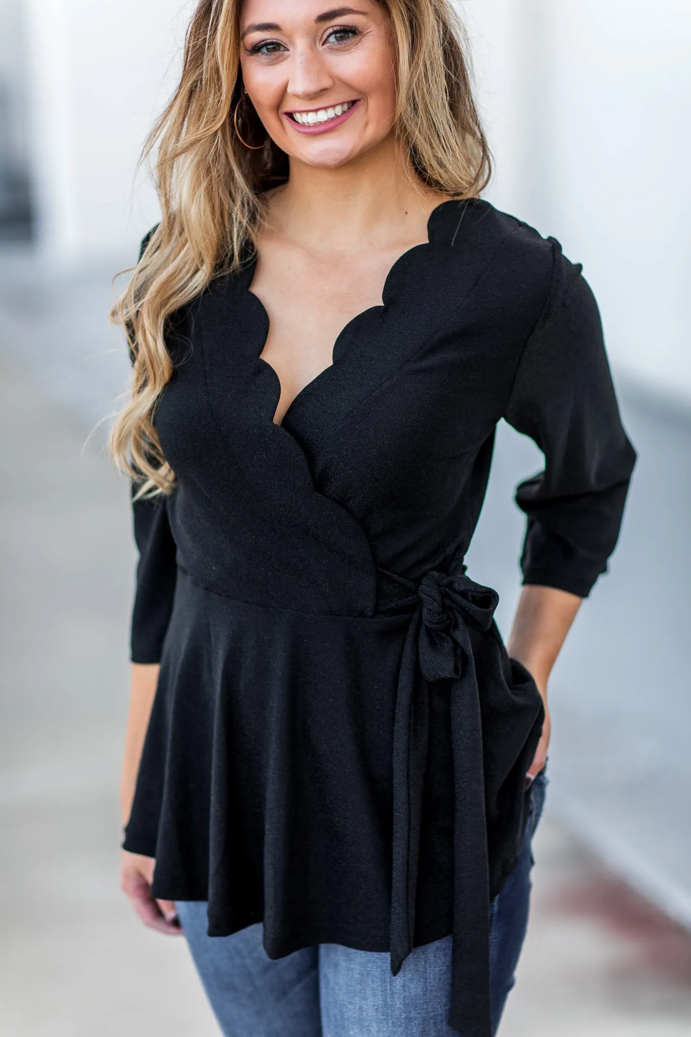 "Shimmer" Scallop Wrap Top Black - SALE