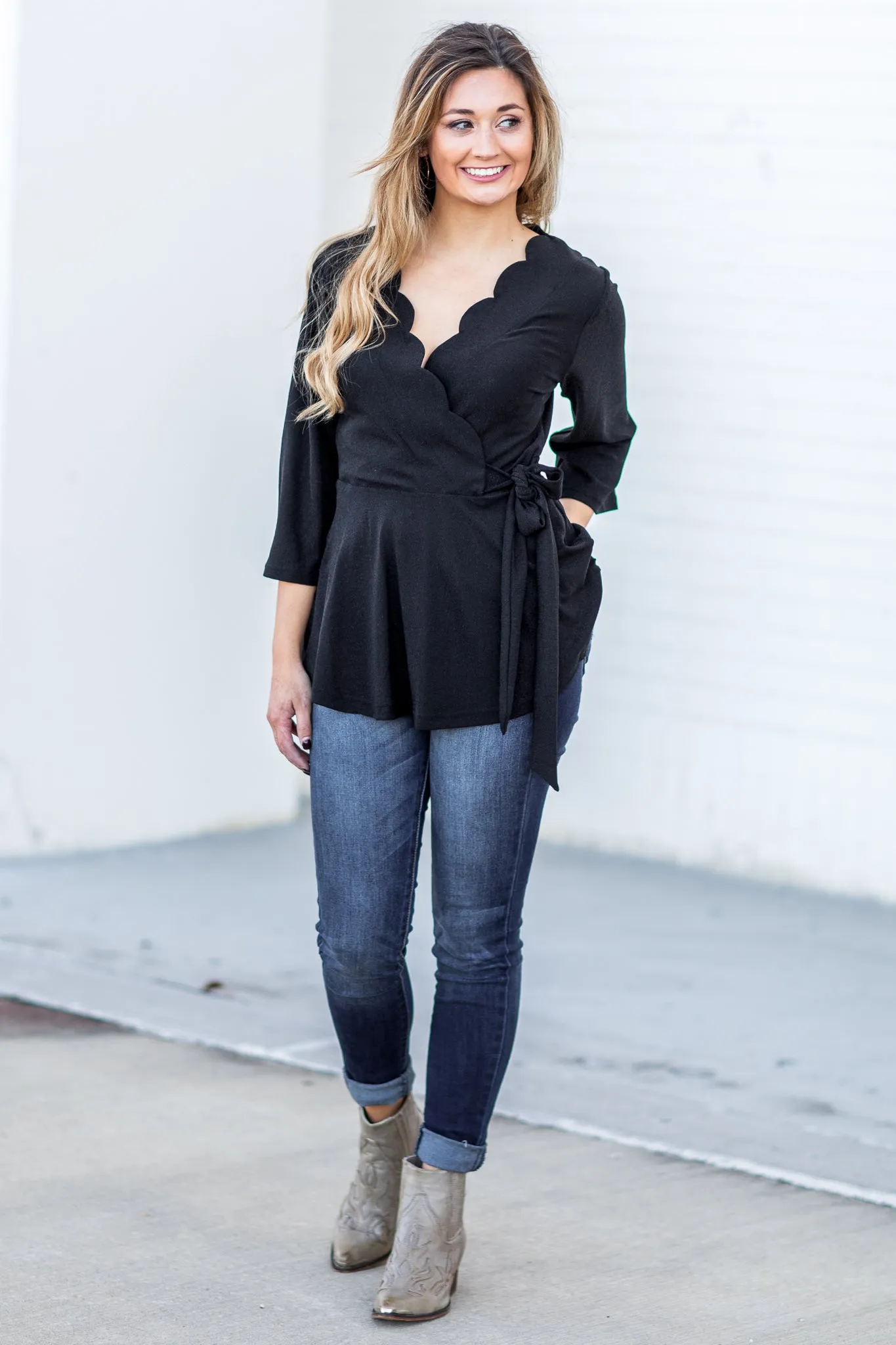 "Shimmer" Scallop Wrap Top Black - SALE