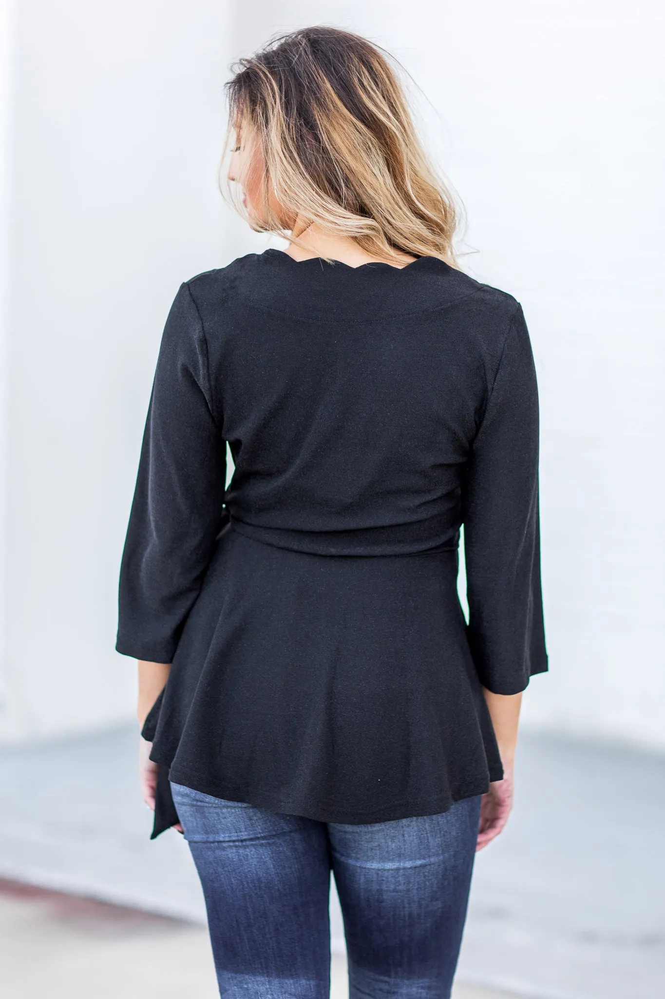 "Shimmer" Scallop Wrap Top Black - SALE