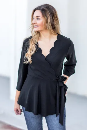 "Shimmer" Scallop Wrap Top Black - SALE