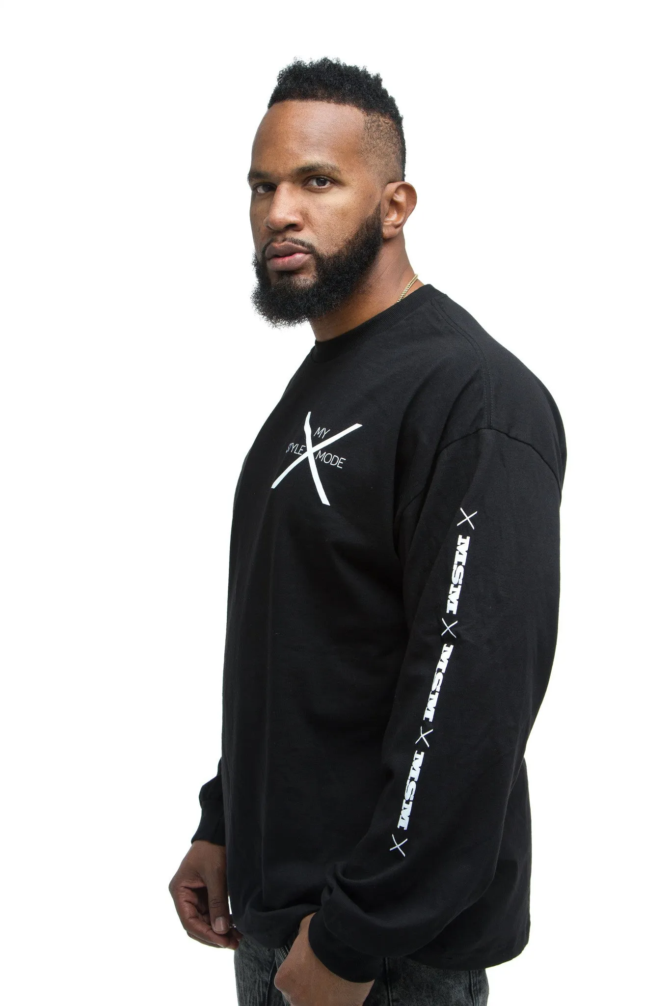 THE MYSTYLEMODE MENSWEAR BLACK MSM LOGO LONG SLEEVE TEE