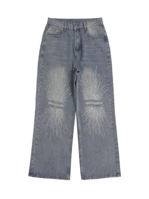 Thesupermade Hip-Hop Shining Cross Hot Diamond Distressed Washed  Baggy Jeans