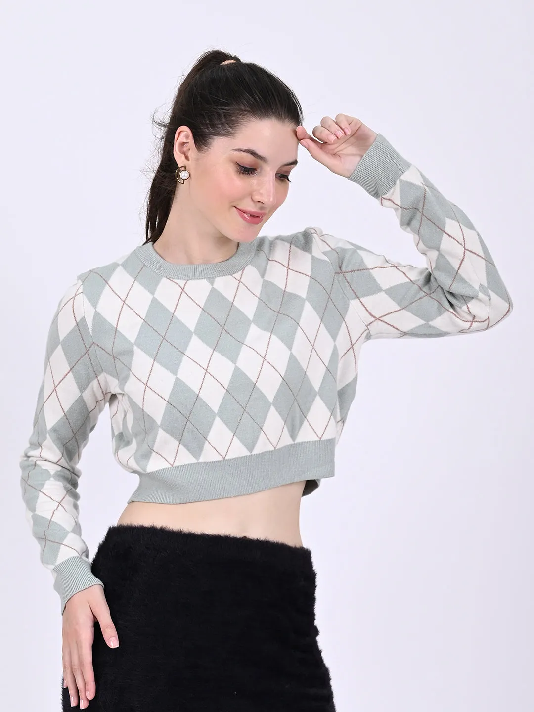 Women Lt Green Checkered Crop