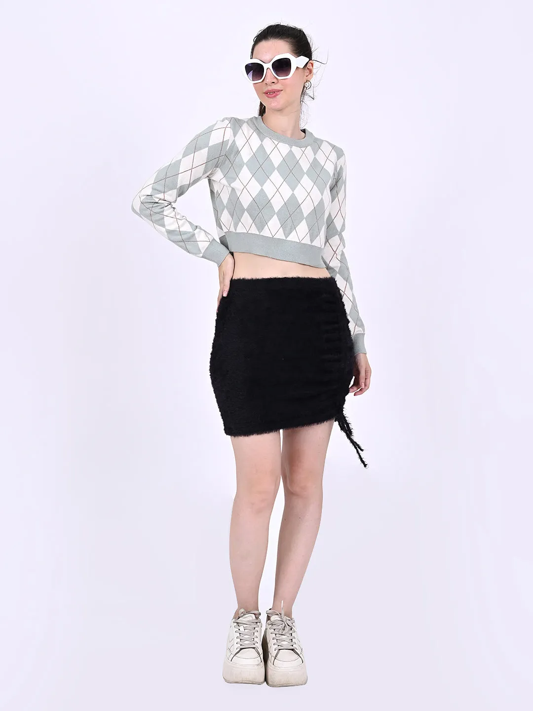 Women Lt Green Checkered Crop