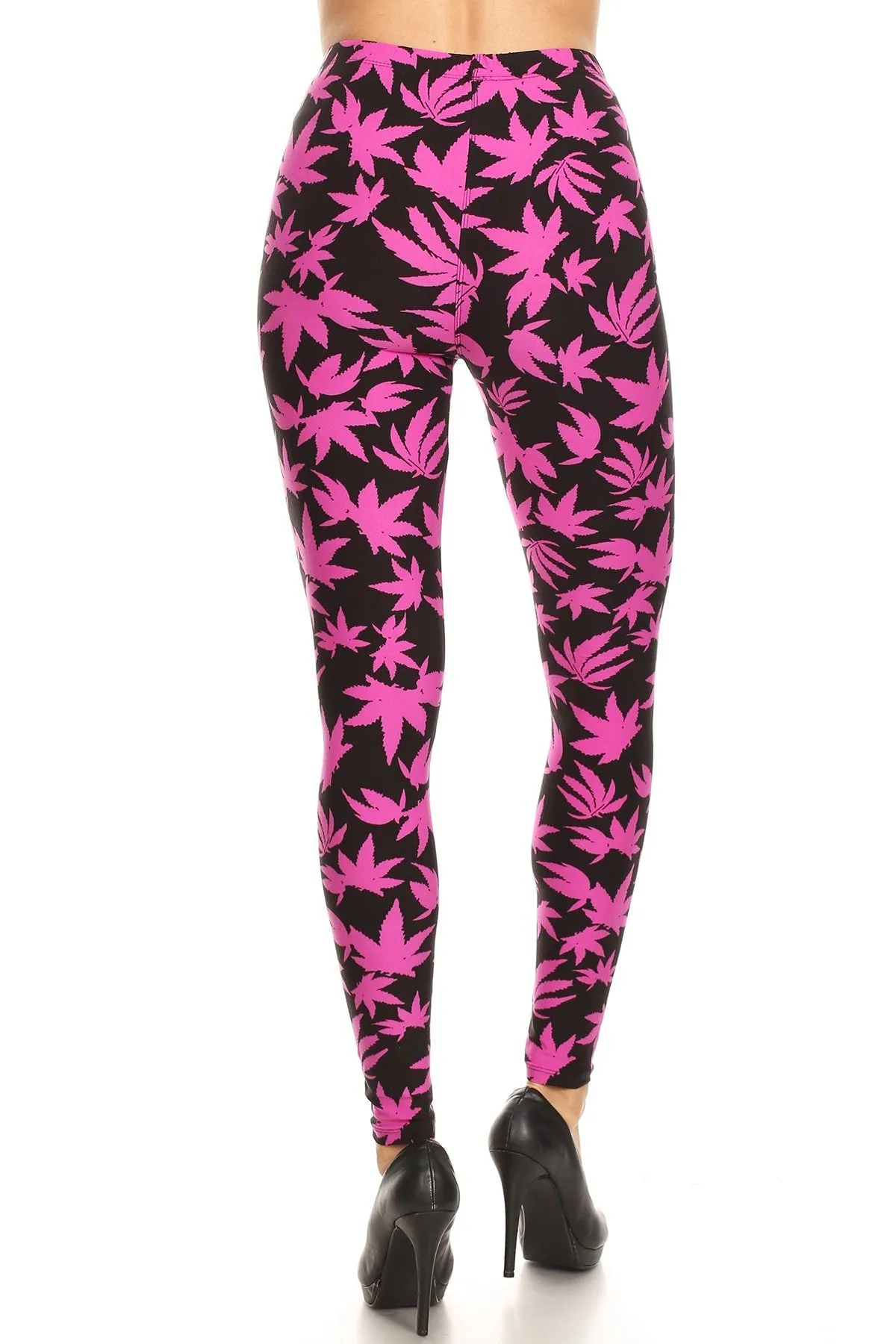 Women's 3X 5X Allover Fuchsia Cannabis Leaf Plant Pattern Print Leggings