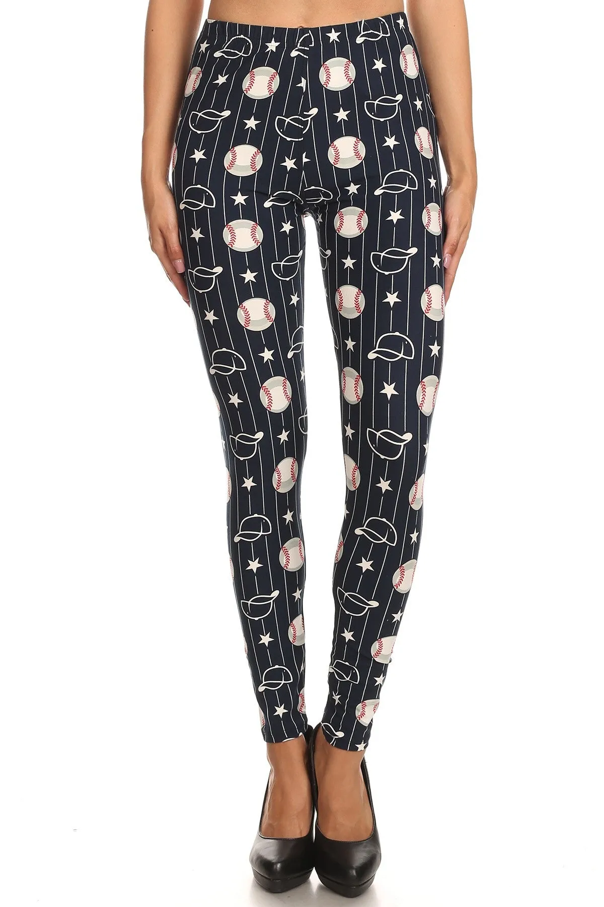 Women's Plus Baseball Ball & Cap Pattern Printed Leggings