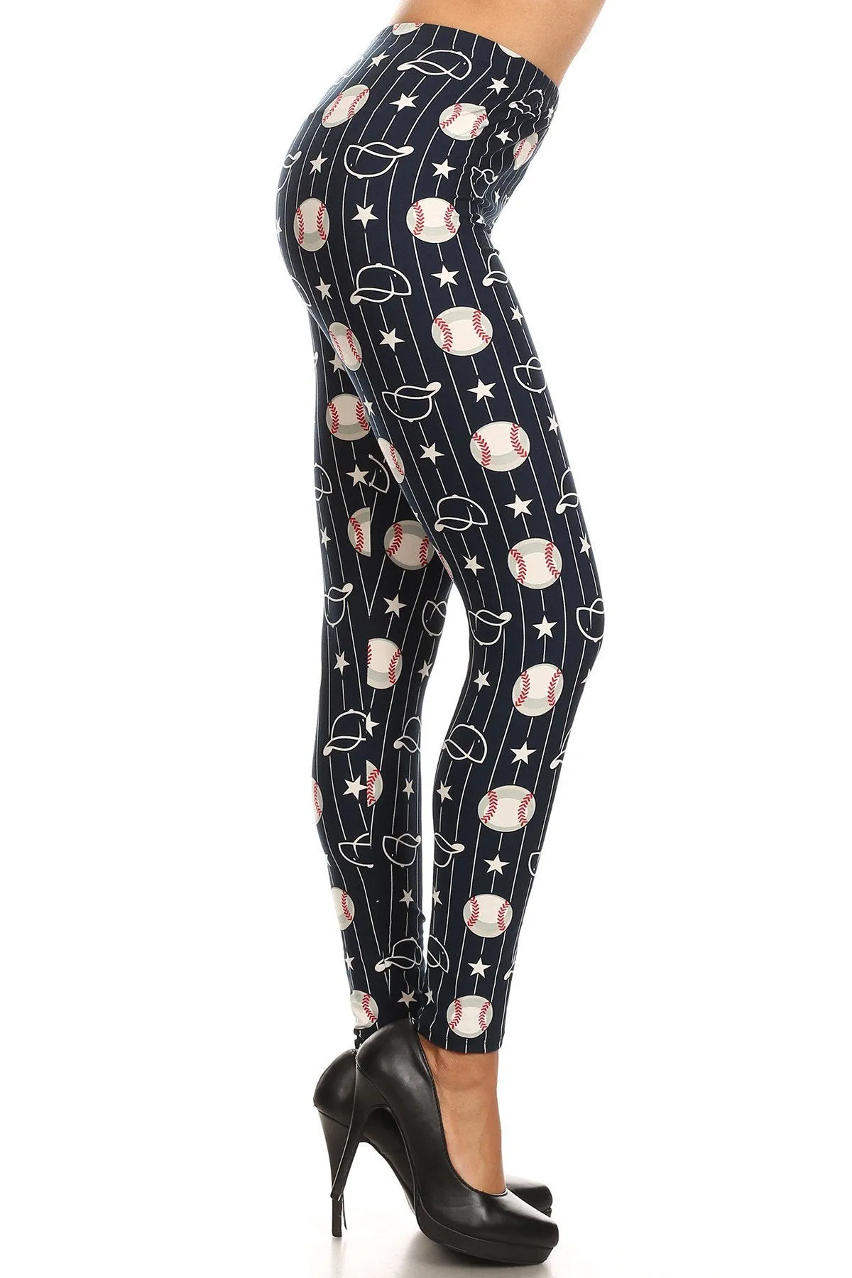 Women's Plus Baseball Ball & Cap Pattern Printed Leggings