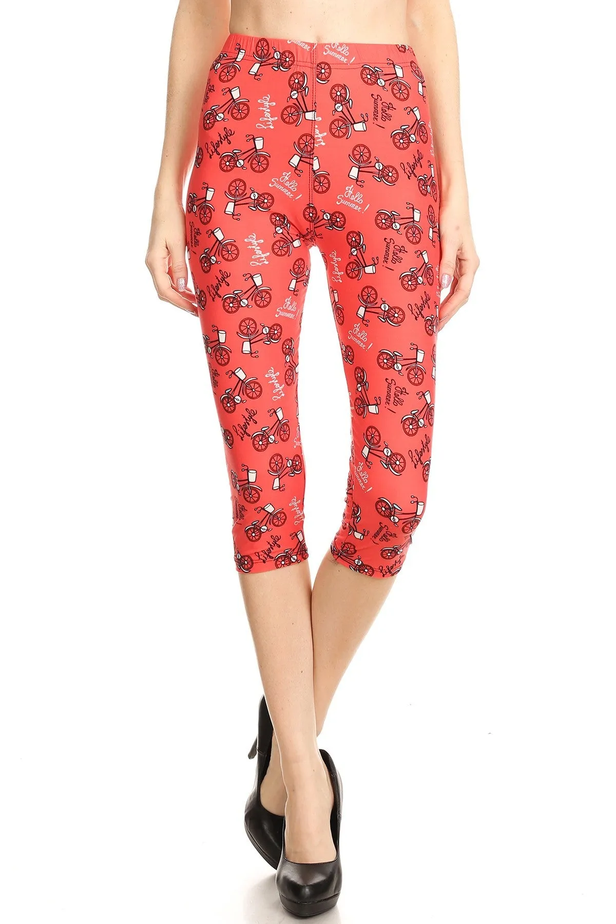 Women's Plus Bicycle in Coral Lifestyle Printed Cropped Capri Leggings