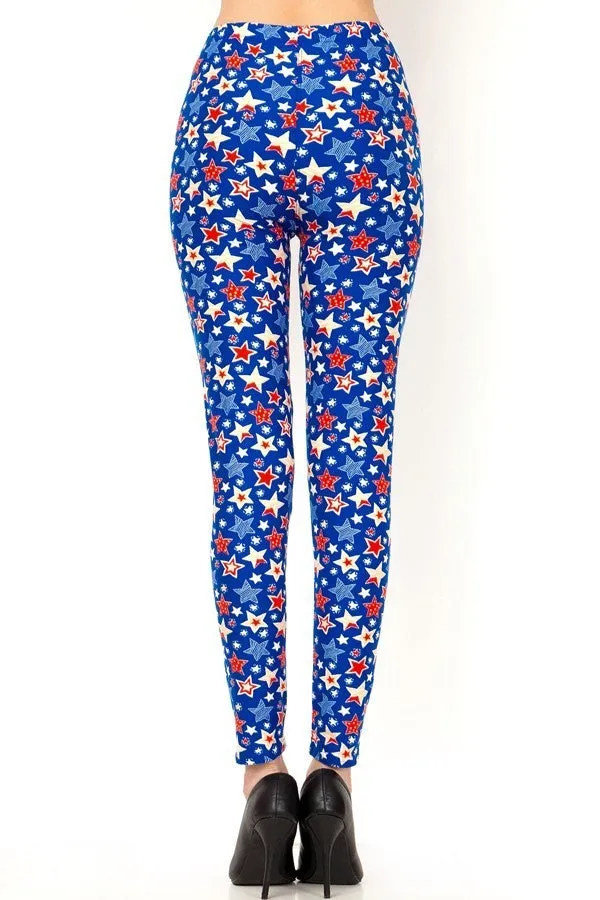 Women's Plus Blue Red Star American Flag Pattern Printed Leggings