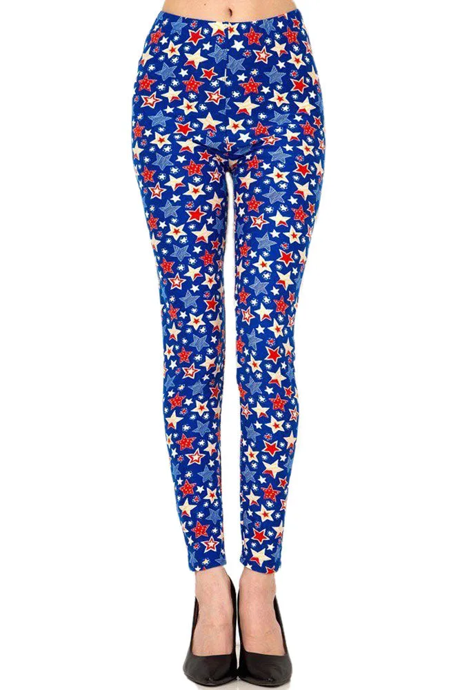 Women's Plus Blue Red Star American Flag Pattern Printed Leggings