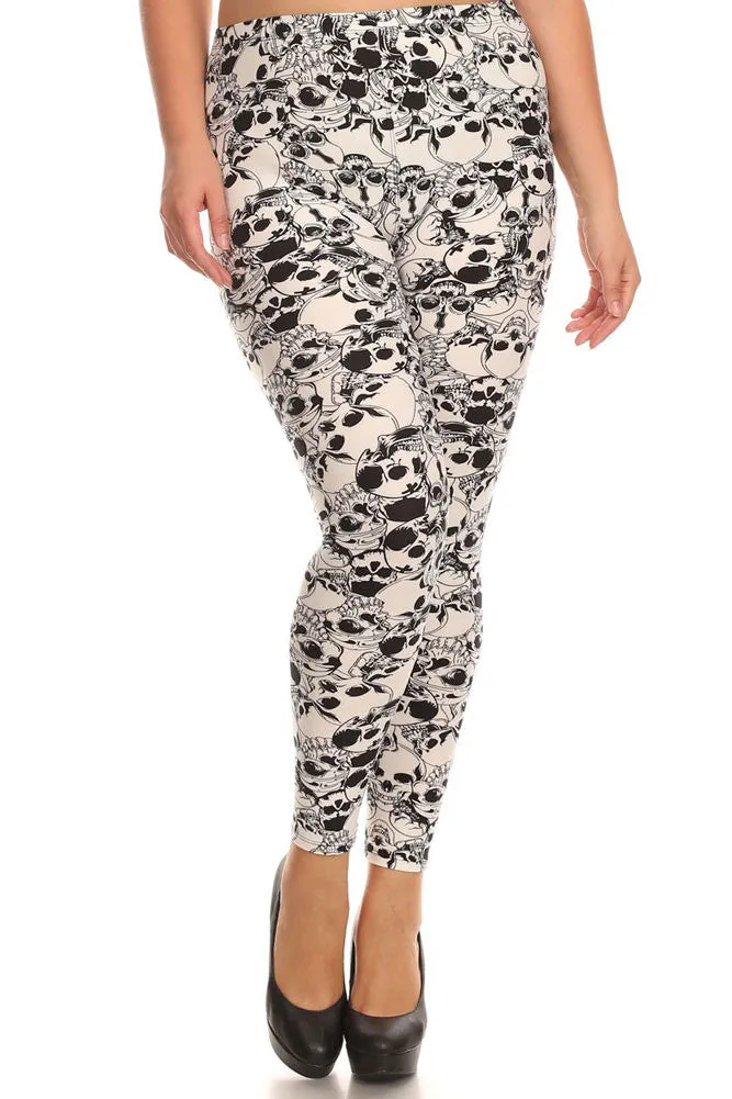 Women's Plus Catacombs of Paris Pattern Print Leggings - Halloween White Skull