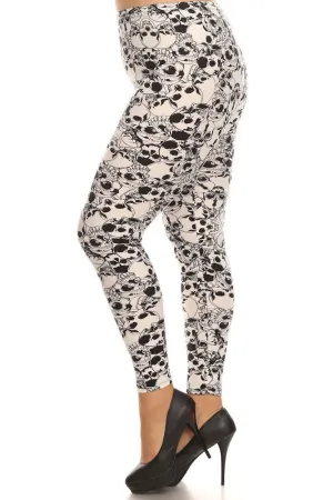 Women's Plus Catacombs of Paris Pattern Print Leggings - Halloween White Skull