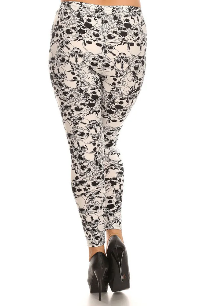 Women's Plus Catacombs of Paris Pattern Print Leggings - Halloween White Skull