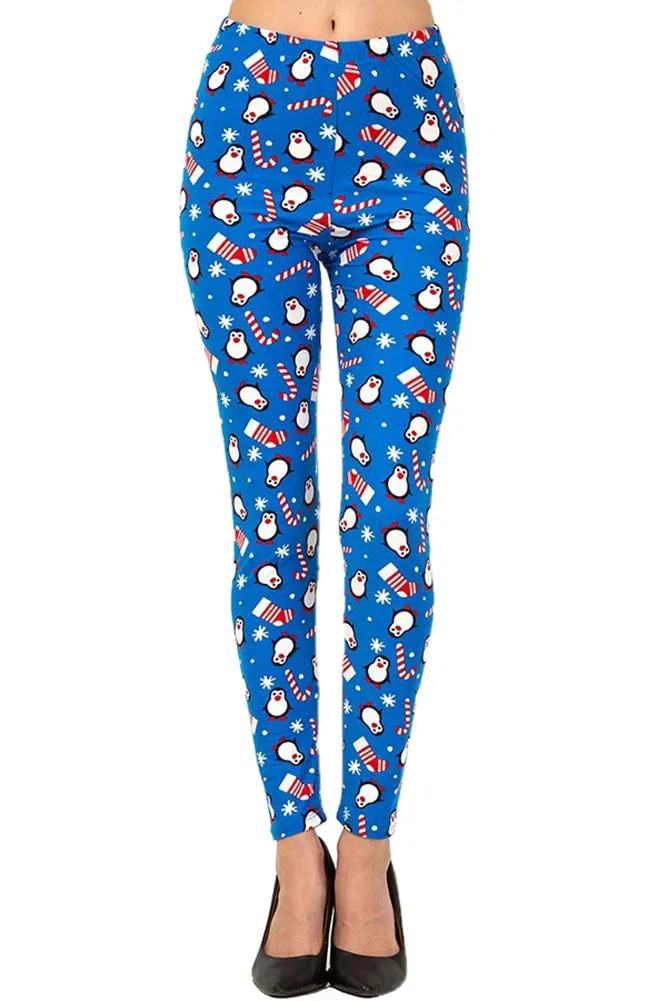 Women's Plus Christmas Cane Penguin Pattern Printed Leggings