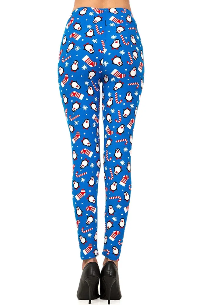 Women's Plus Christmas Cane Penguin Pattern Printed Leggings