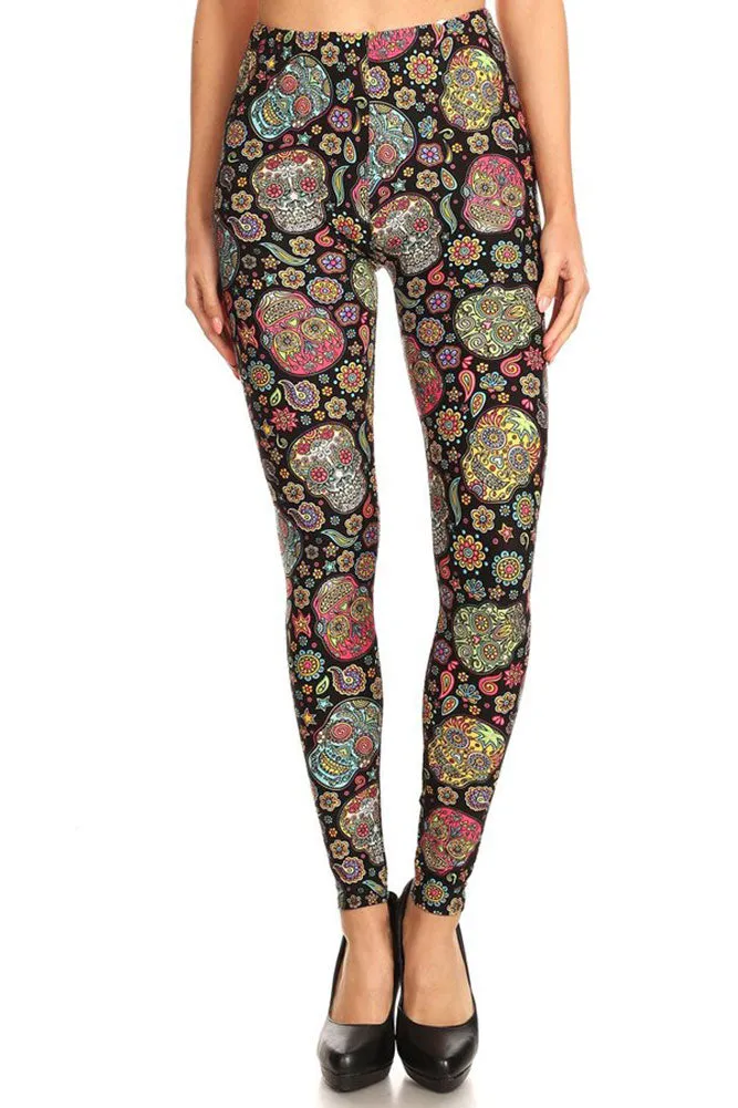 Women's Plus Colorful Sugar Skulls Flower Pattern Printed Leggings