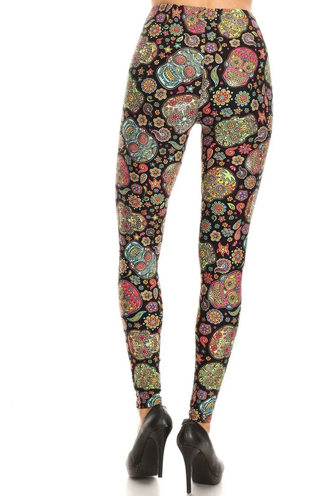 Women's Plus Colorful Sugar Skulls Flower Pattern Printed Leggings