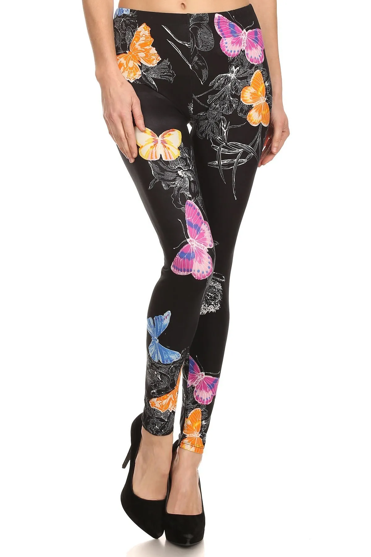 Women's Plus Flower Pattern Series Print Leggings - Butterfly Floral