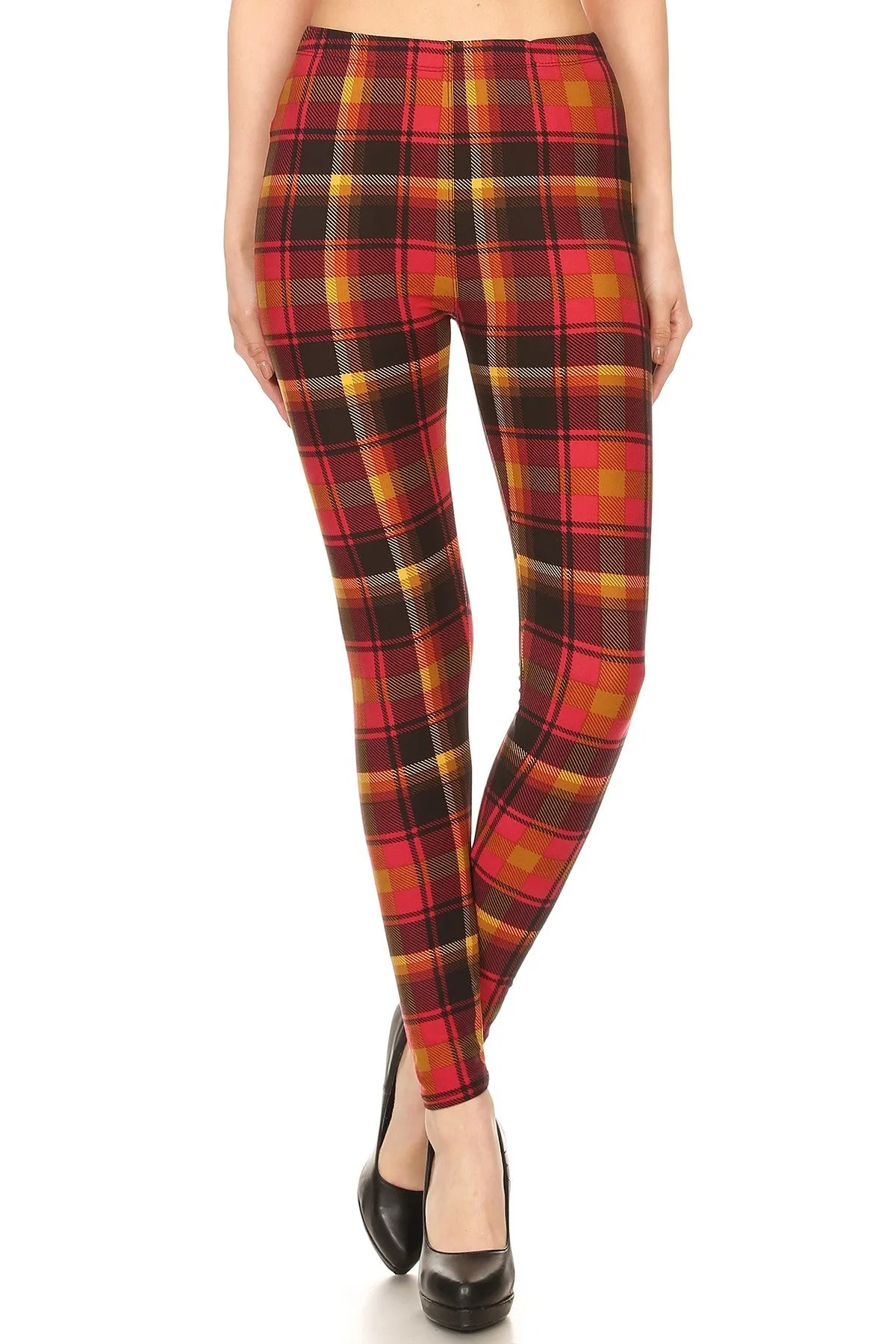 Women's Plus Red Mustard Plaid Pattern Printed Leggings