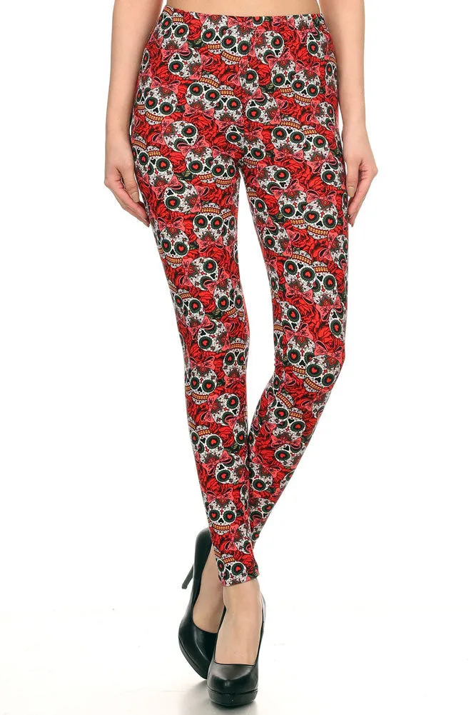 Women's Plus Red Sugar Skulls & Ribbon Pattern Printed Leggings