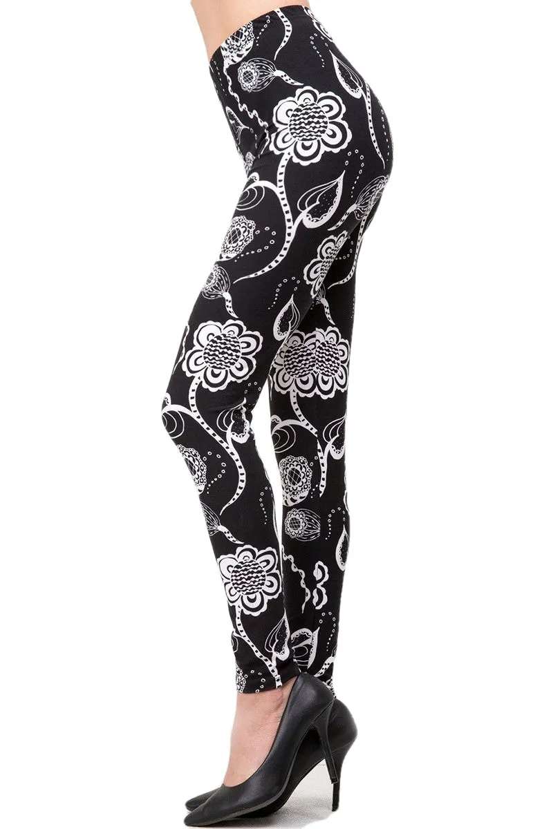 Women's Regular B&W Abstract Floral Pattern Printed Leggings